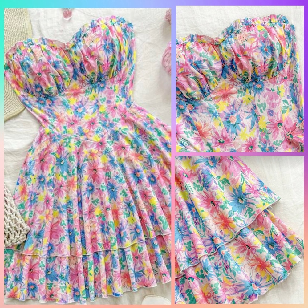 SHEIN Soleia White Multicolor Floral Ruffle Sweetheart Strapless Mini Dress - M - Picture 3 of 16